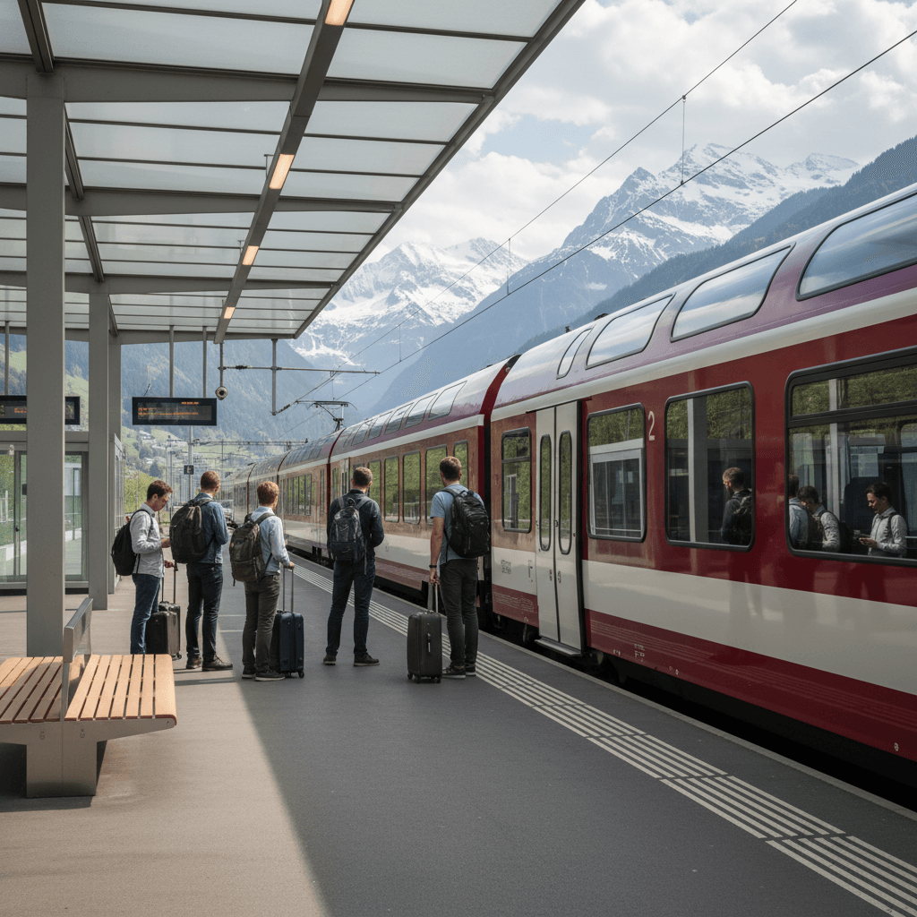 Moderner Schweizer Personenzug am Bahnsteig