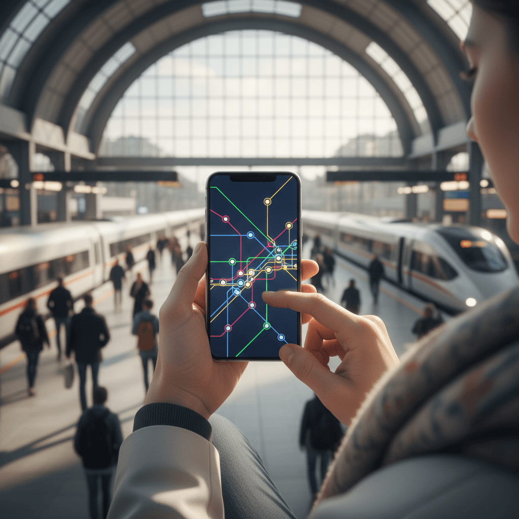 Smartphone mit Verbindungsübersicht und Netzplan